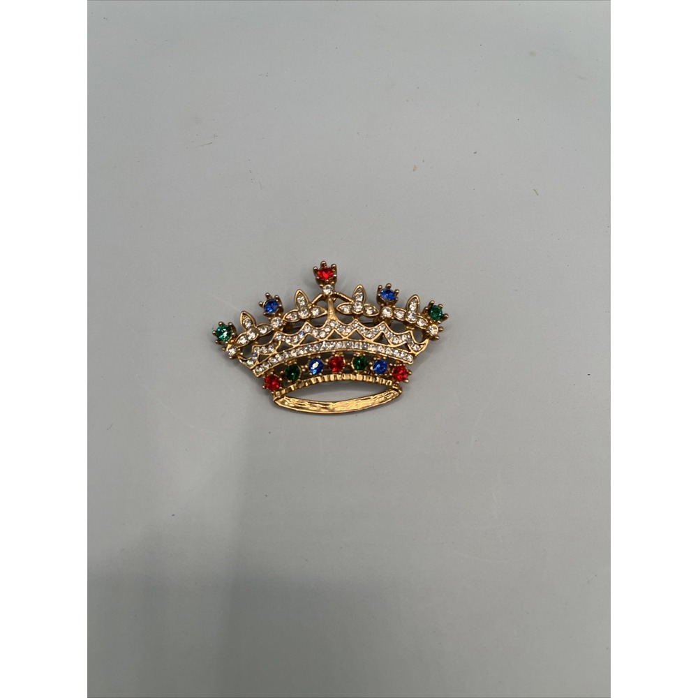 Rhinestone CROWN Pin Brooch Bejeweled Princess Red Green Blue and Clear Stones